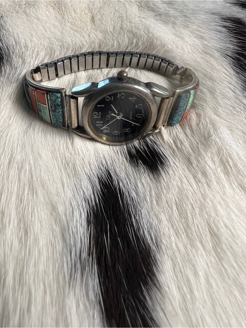 Sterling Inlay Southwestern Watch with Turquoise and Coral Accents